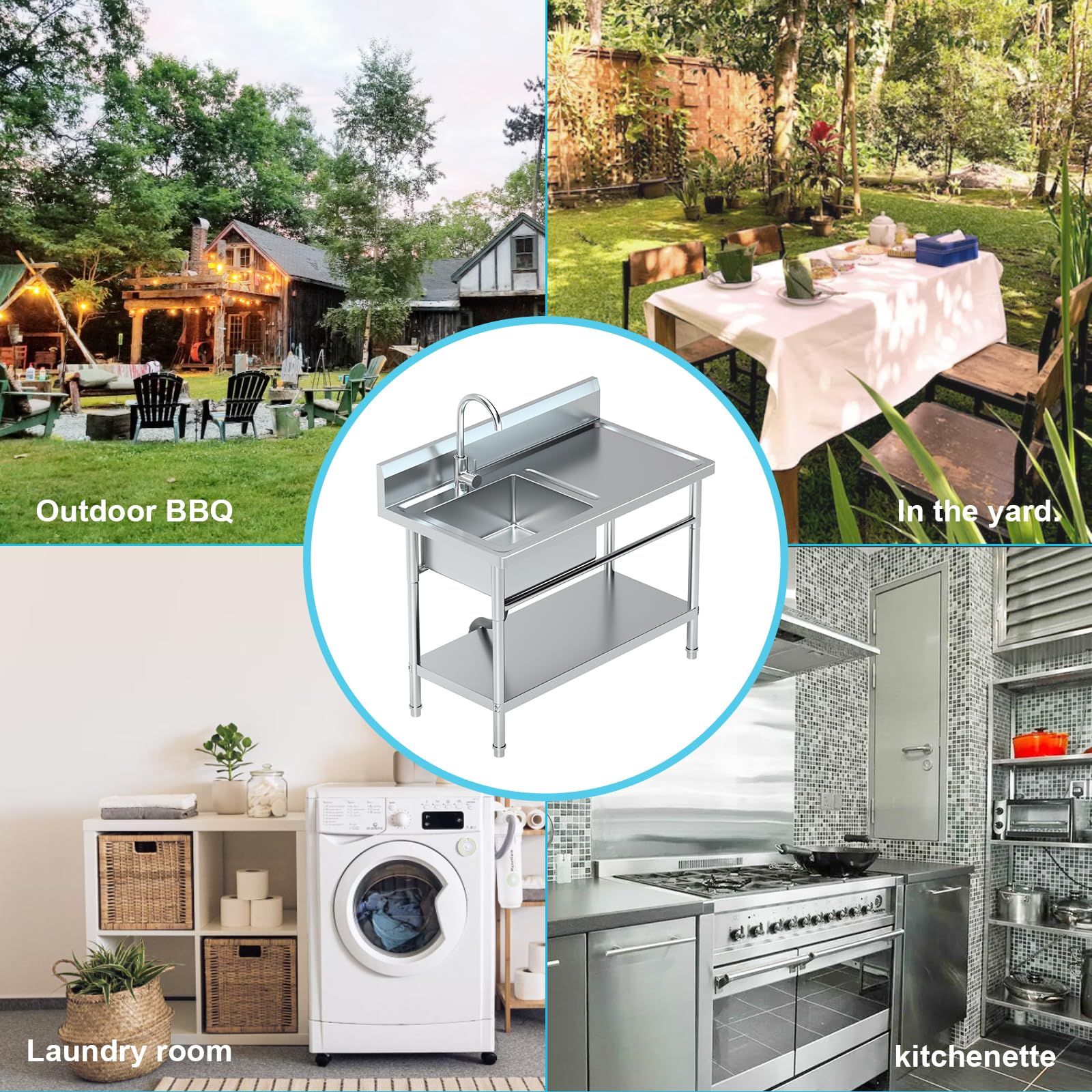PurezmMoto Utility Sink Freestanding Single Bowl Laundry Sink with Hot and Cold Water Plumbing Workbench & Storage Stainless Steel Sink for Kitchen and Bathroom Farmhouse Style, 39Inch, Metallic Gray - CookCave