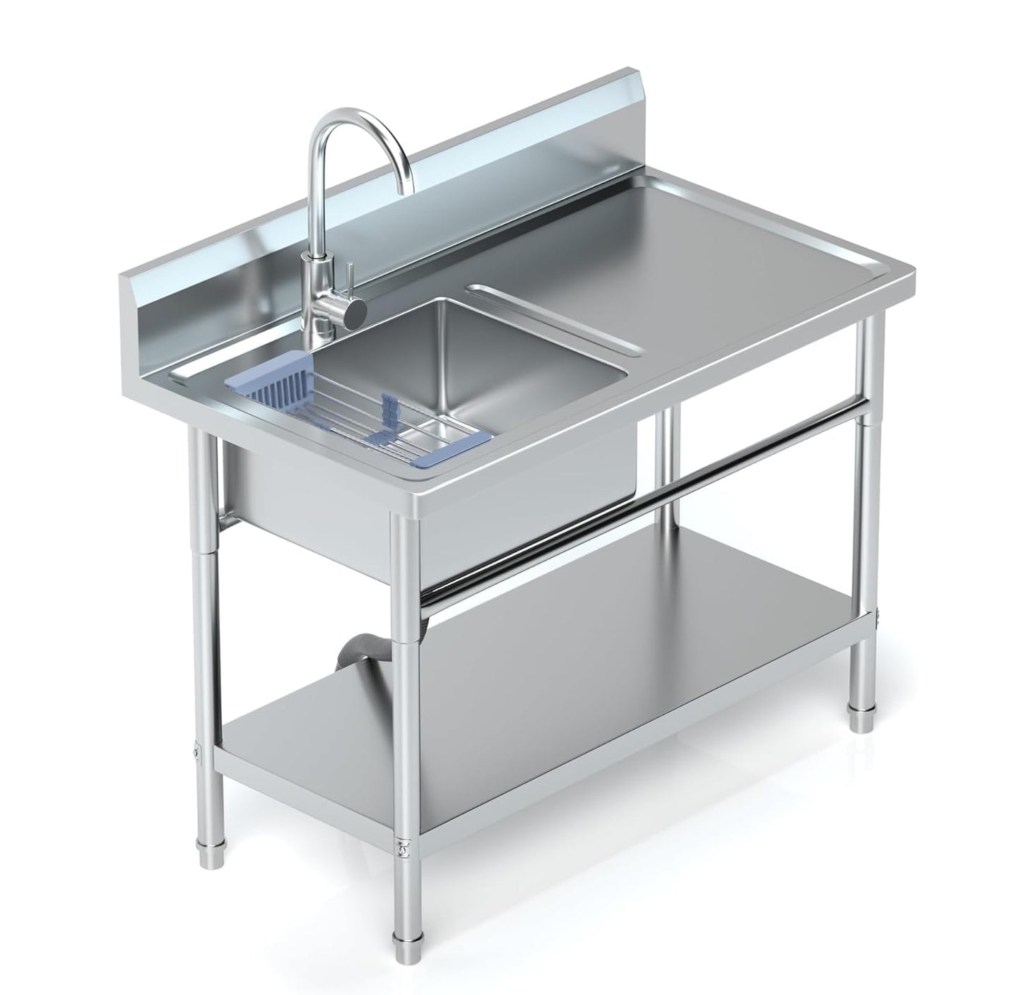 PurezmMoto Utility Sink Freestanding Single Bowl Laundry Sink with Hot and Cold Water Plumbing Workbench & Storage Stainless Steel Sink for Kitchen and Bathroom Farmhouse Style, 39Inch, Metallic Gray - CookCave