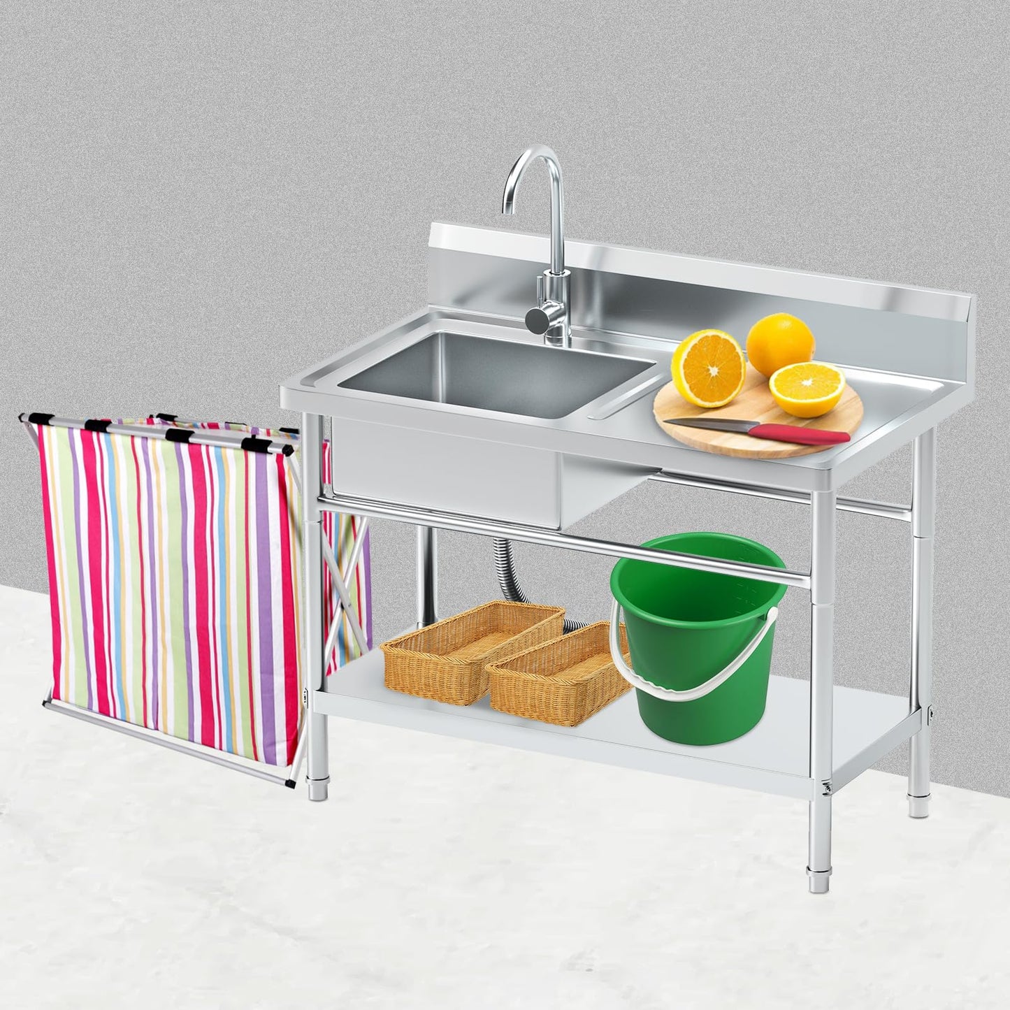 PurezmMoto Utility Sink Freestanding Single Bowl Laundry Sink with Hot and Cold Water Plumbing Workbench & Storage Stainless Steel Sink for Kitchen and Bathroom Farmhouse Style, 39Inch, Metallic Gray - CookCave