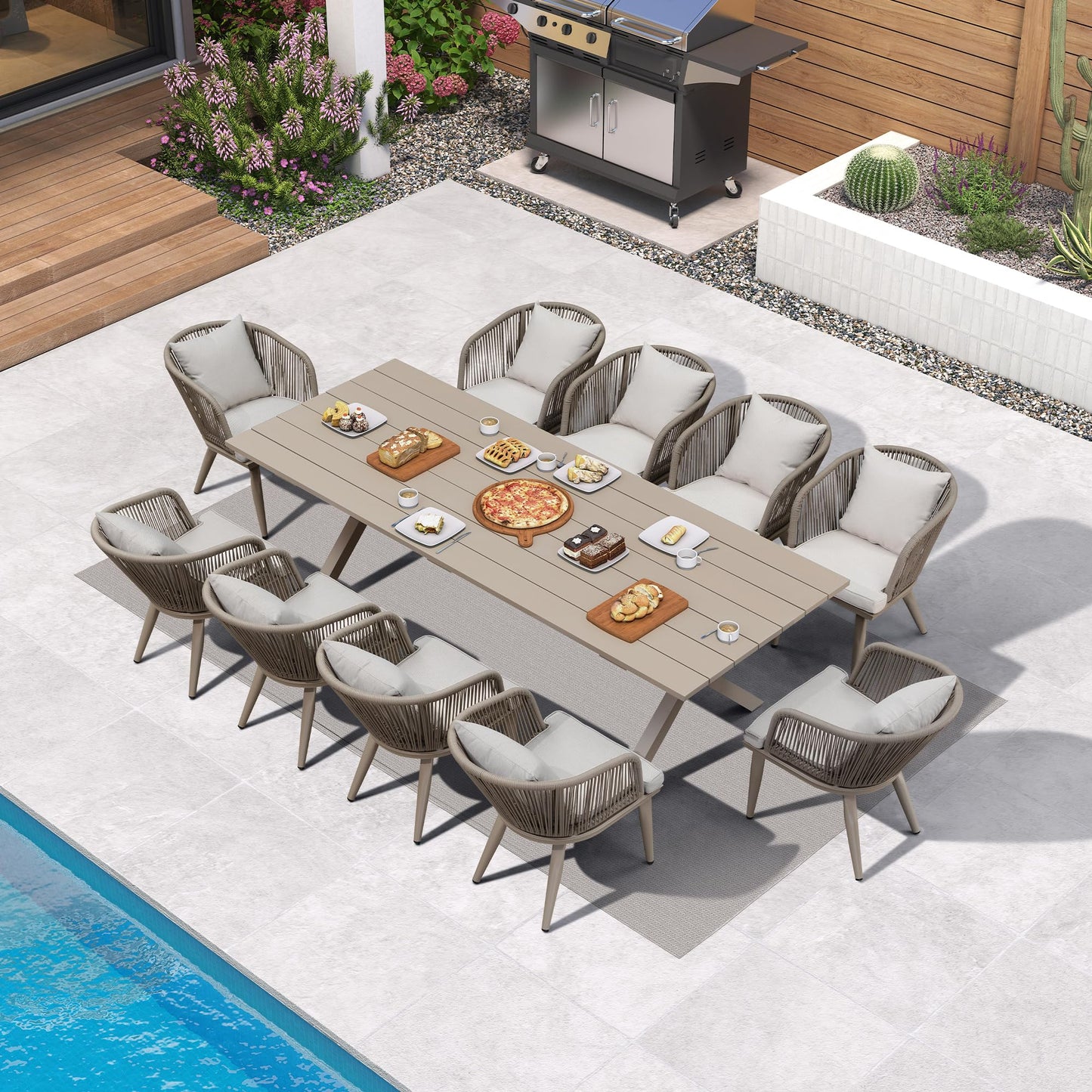 PURPLE LEAF 11 Pieces Patio Dining Set Wicker Outdoor Furniture Rectangular Table and Chairs Set for Garden Deck Aluminum Frame Backyard Kitchen Set, Cushions and Pillows Included Champagne - CookCave
