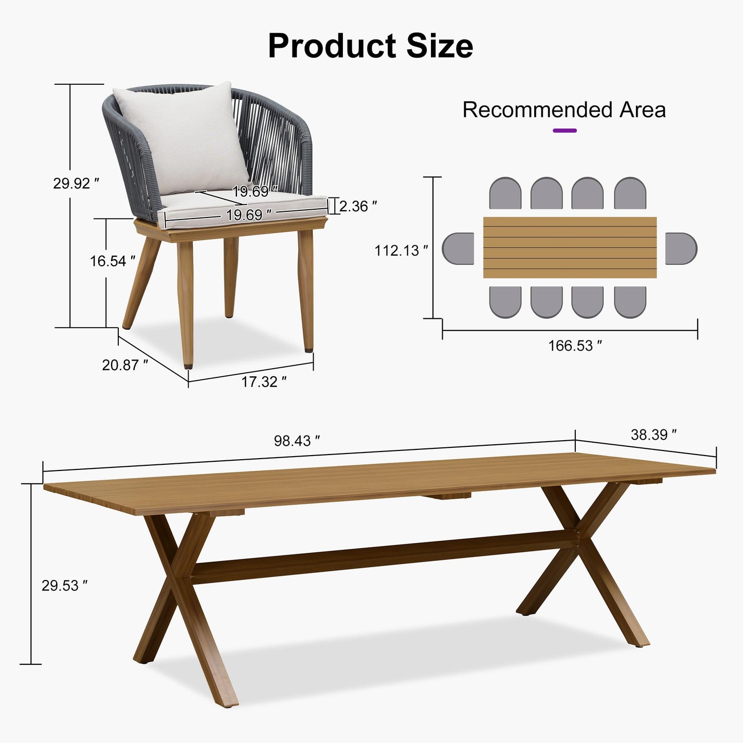 PURPLE LEAF 11 Pieces Patio Dining Set Wicker Outdoor Furniture Rectangular Table and Chairs Set for Garden Deck Teak-Finish Aluminum Frame Backyard Kitchen Set, Cushions and Pillows Included - CookCave