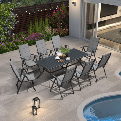 PURPLE LEAF 9 Pieces Outdoor Patio Dining Set with 8 Folding Portable Chairs and 1 Rectangle Aluminum Table, Foldable Adjustable High Back Reclining Chairs with Soft Cotton-Padded Seat, Grey - CookCave