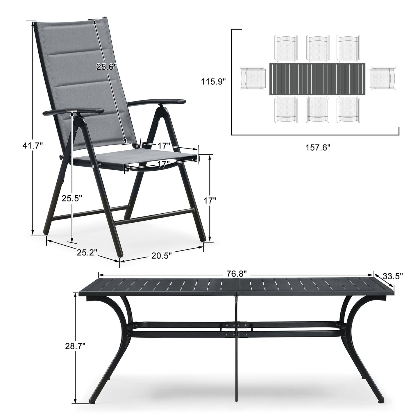 PURPLE LEAF 9 Pieces Outdoor Patio Dining Set with 8 Folding Portable Chairs and 1 Rectangle Aluminum Table, Foldable Adjustable High Back Reclining Chairs with Soft Cotton-Padded Seat, Grey - CookCave