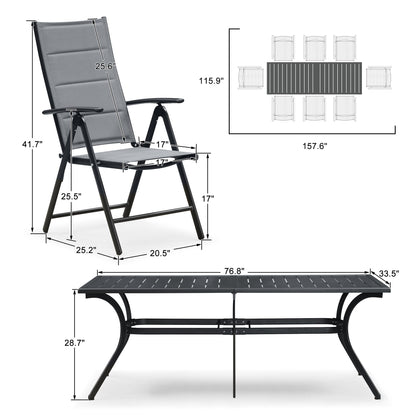 PURPLE LEAF 9 Pieces Outdoor Patio Dining Set with 8 Folding Portable Chairs and 1 Rectangle Aluminum Table, Foldable Adjustable High Back Reclining Chairs with Soft Cotton-Padded Seat, Grey - CookCave