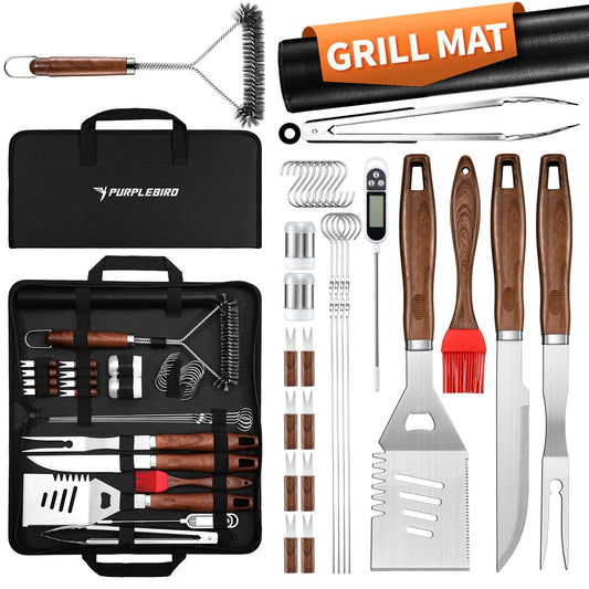 PURPLEBIRD 31PCS Grill Set for Outdoor Grill - Grilling Gift for Men & Dad, Heavy Duty Stainless BBQ Tools Kit for Camping, Grilling Utensils Set with Cleaner Brush, Thermometer, Storage Bag, BBQ Mat - CookCave