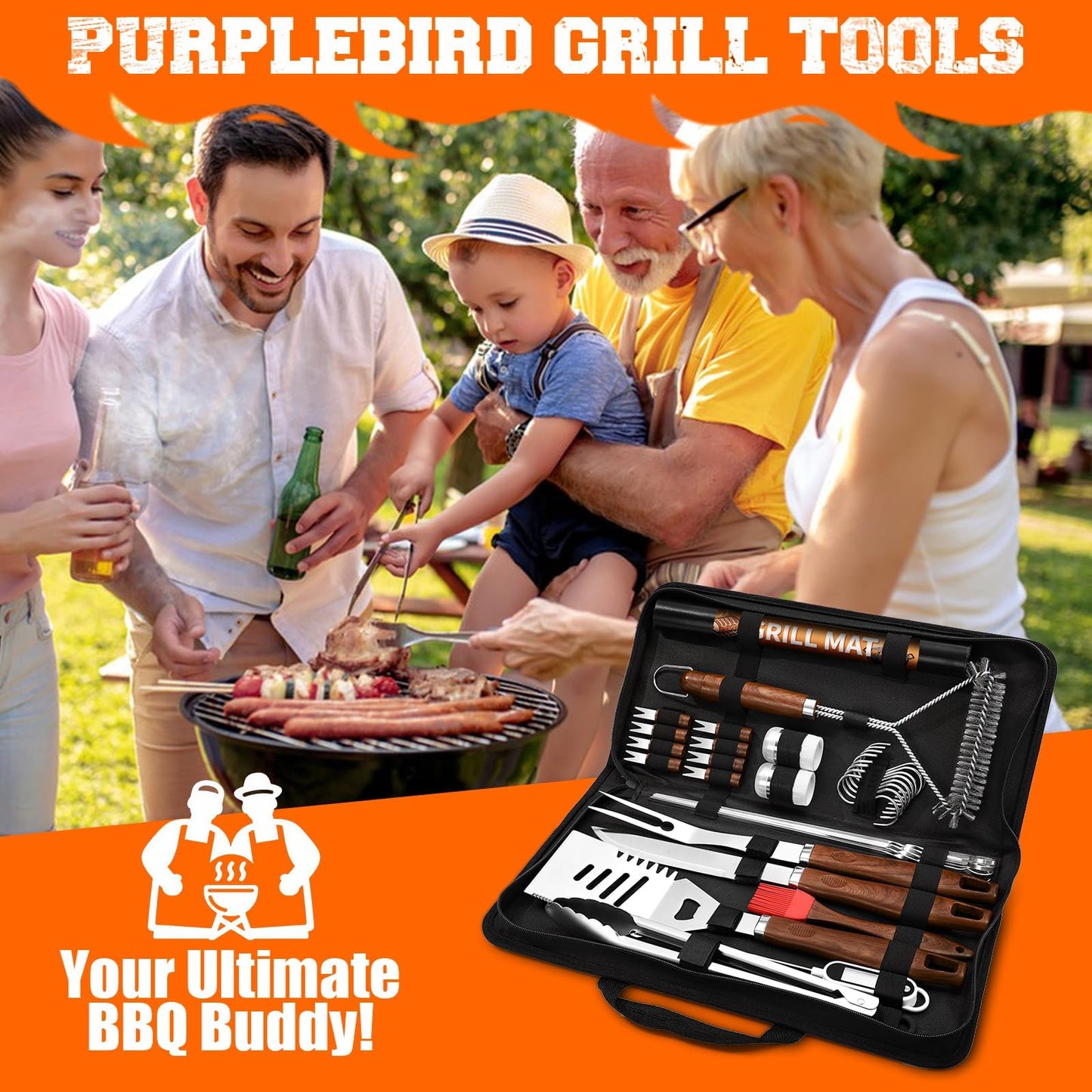 PURPLEBIRD 31PCS Grill Set for Outdoor Grill - Grilling Gift for Men & Dad, Heavy Duty Stainless BBQ Tools Kit for Camping, Grilling Utensils Set with Cleaner Brush, Thermometer, Storage Bag, BBQ Mat - CookCave