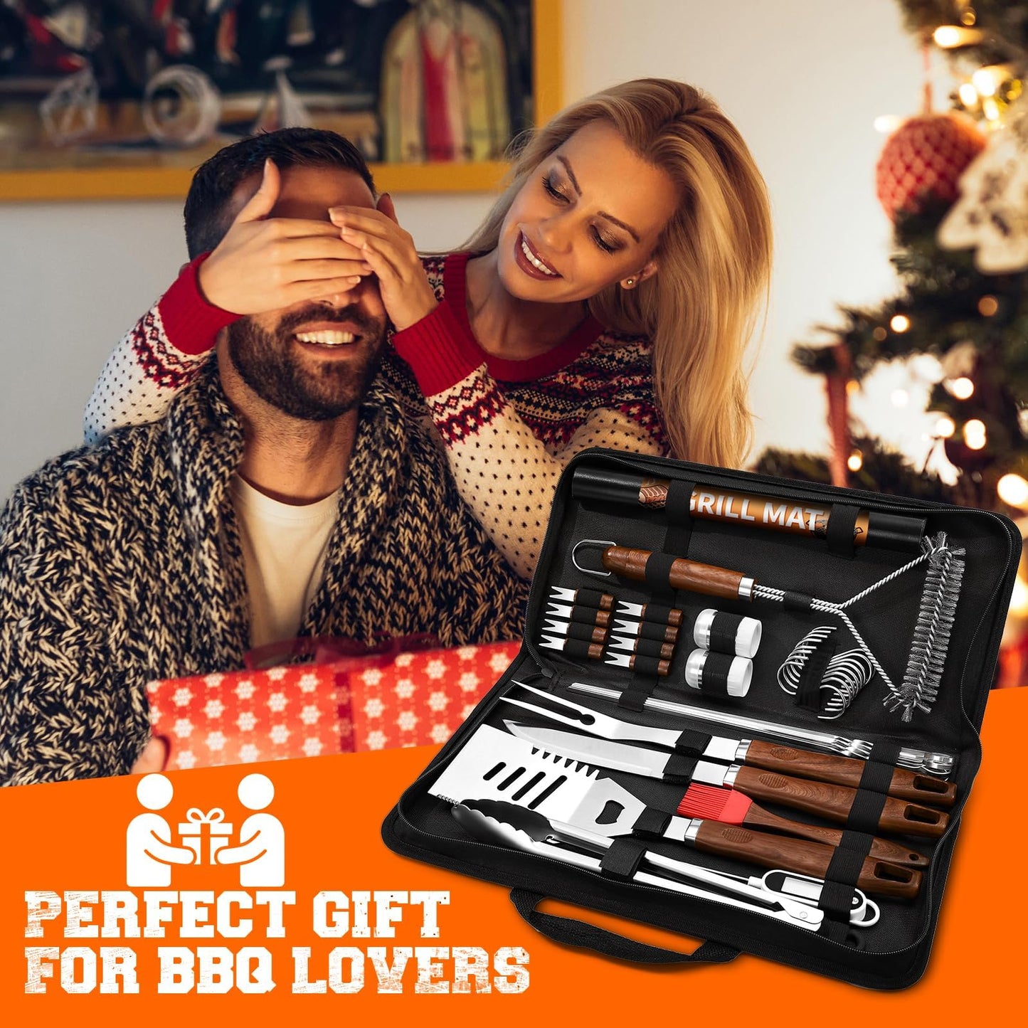 PURPLEBIRD 31PCS Grill Set for Outdoor Grill - Grilling Gift for Men & Dad, Heavy Duty Stainless BBQ Tools Kit for Camping, Grilling Utensils Set with Cleaner Brush, Thermometer, Storage Bag, BBQ Mat - CookCave