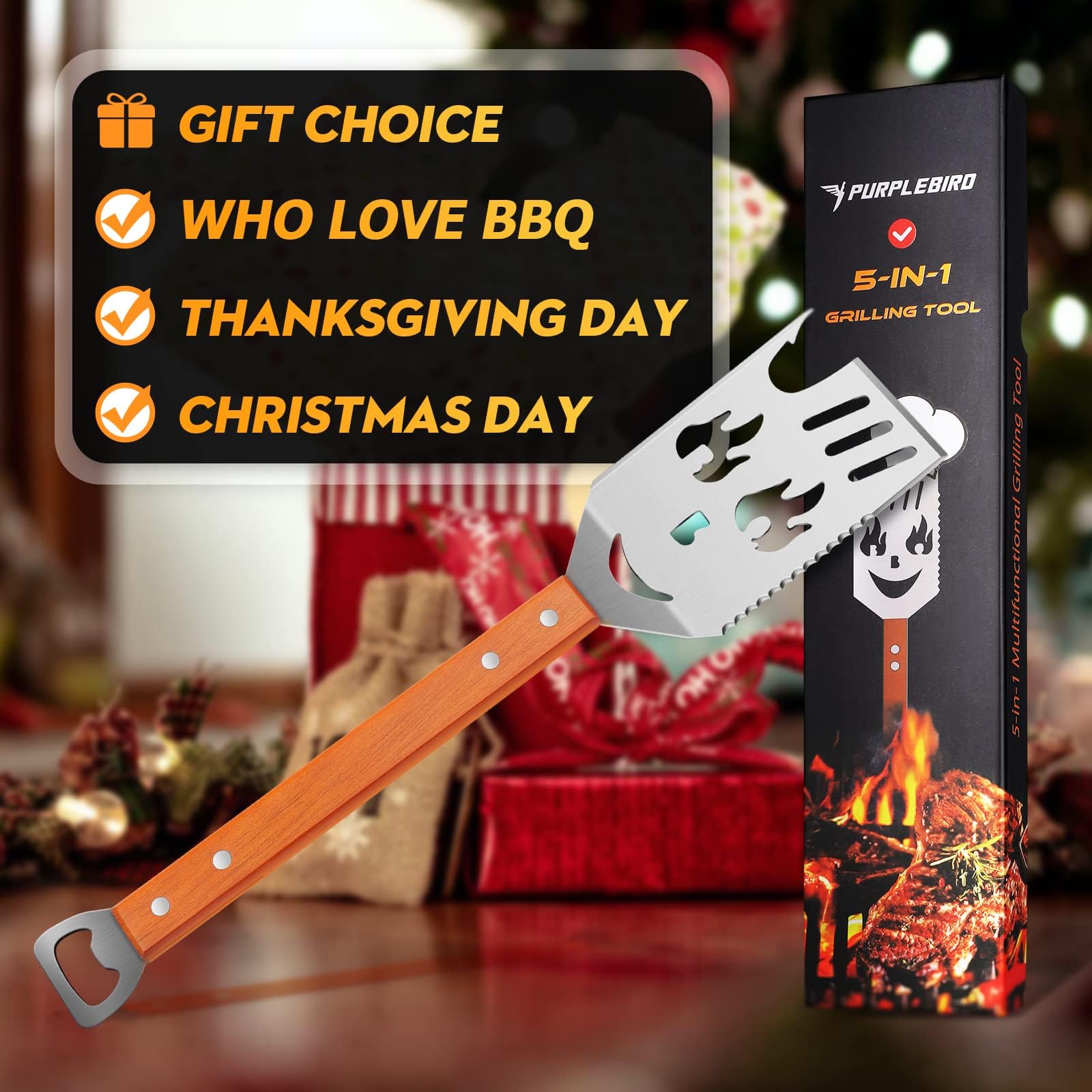 PURPLEBIRD Grill Spatula for Outdoor Grill, 5 in 1 Grilling Tools 16" Long BBQ Spatula with Wooden Handle, Father's Gifts, Gifts for Men, for Dad - CookCave