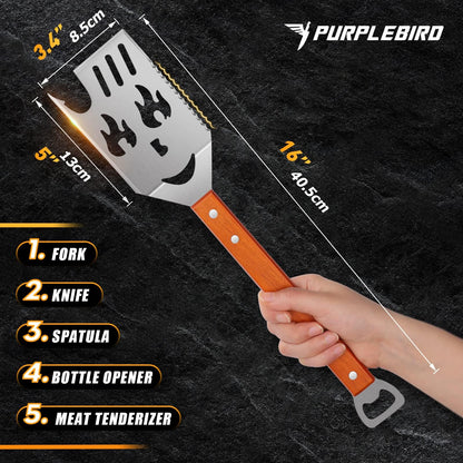 PURPLEBIRD Grill Spatula for Outdoor Grill, 5 in 1 Grilling Tools 16" Long BBQ Spatula with Wooden Handle, Father's Gifts, Gifts for Men, for Dad - CookCave