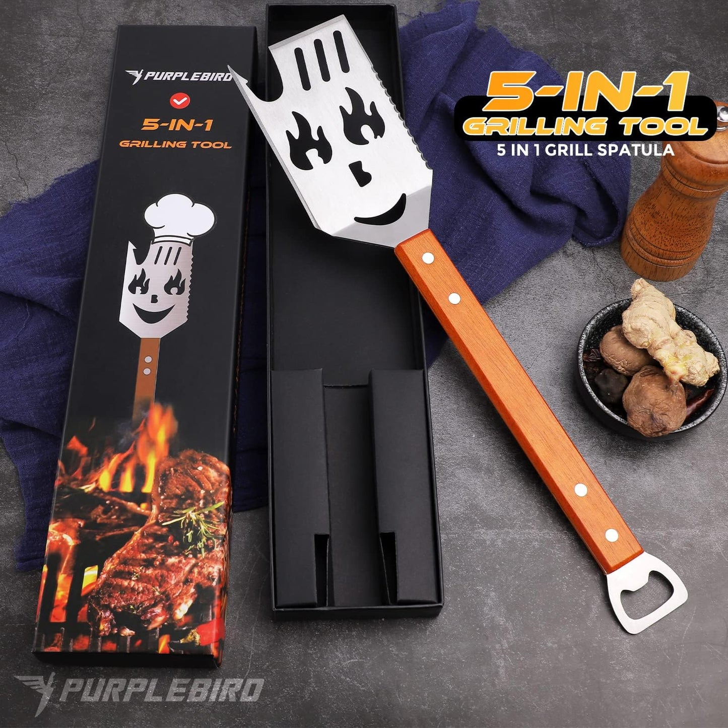 PURPLEBIRD Grill Spatula for Outdoor Grill, 5 in 1 Grilling Tools 16" Long BBQ Spatula with Wooden Handle, Father's Gifts, Gifts for Men, for Dad - CookCave