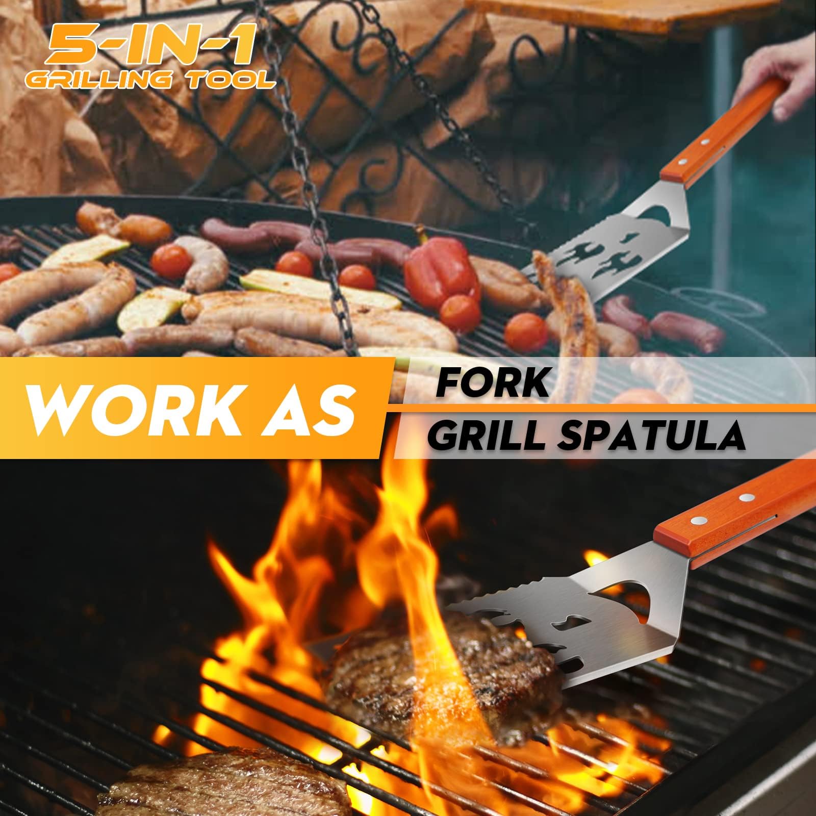 PURPLEBIRD Grill Spatula for Outdoor Grill, 5 in 1 Grilling Tools 16" Long BBQ Spatula with Wooden Handle, Father's Gifts, Gifts for Men, for Dad - CookCave