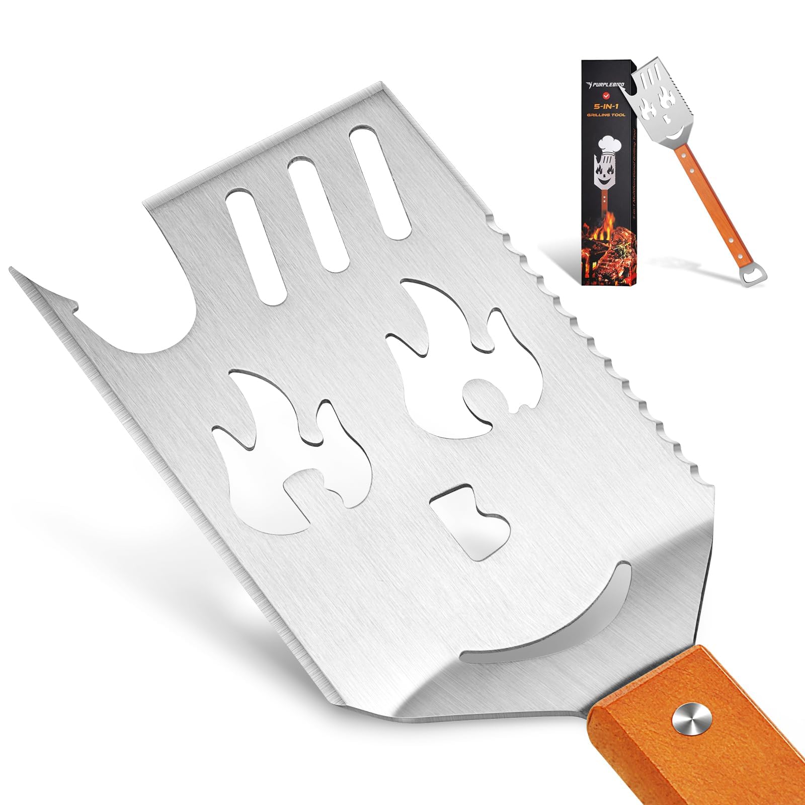 PURPLEBIRD Grill Spatula for Outdoor Grill, 5 in 1 Grilling Tools 16" Long BBQ Spatula with Wooden Handle, Father's Gifts, Gifts for Men, for Dad - CookCave