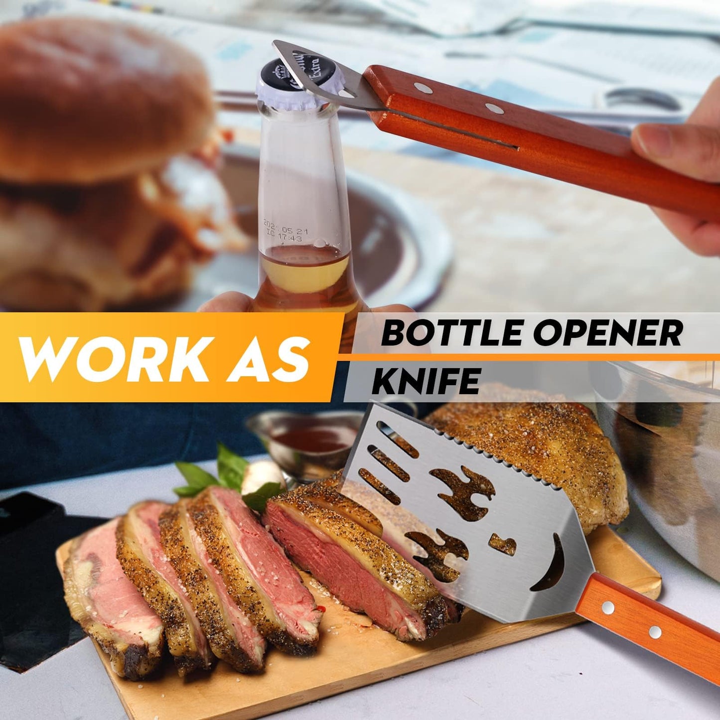 PURPLEBIRD Grill Spatula for Outdoor Grill, 5 in 1 Grilling Tools 16" Long BBQ Spatula with Wooden Handle, Father's Gifts, Gifts for Men, for Dad - CookCave