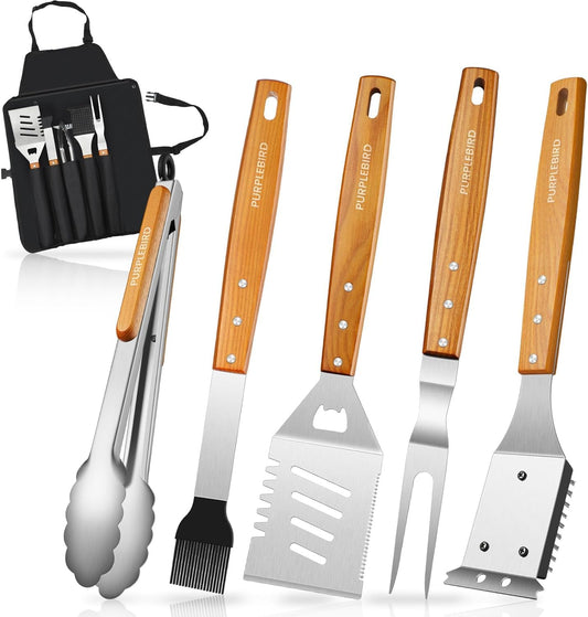 PURPLEBIRD Grill Utensils Set with Brush - 5pcs Grilling Tools Set with Bag Apron, Heavy Duty BBQ Tool Sets with Long Wood Handle, Stainless Grilling Accessories for Outdoor Grill - CookCave