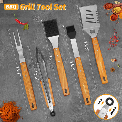 PURPLEBIRD Grill Utensils Set with Brush - 5pcs Grilling Tools Set with Bag Apron, Heavy Duty BBQ Tool Sets with Long Wood Handle, Stainless Grilling Accessories for Outdoor Grill - CookCave