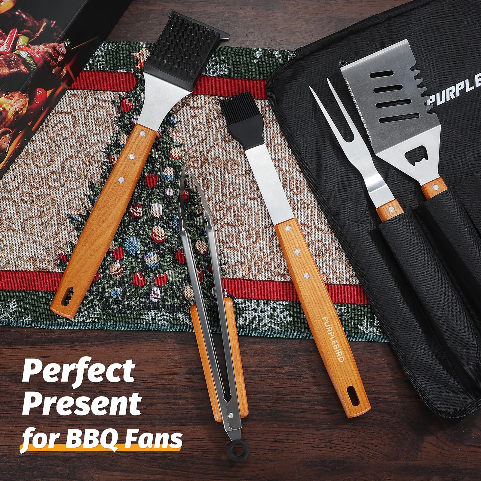 PURPLEBIRD Grill Utensils Set with Brush - 5pcs Grilling Tools Set with Bag Apron, Heavy Duty BBQ Tool Sets with Long Wood Handle, Stainless Grilling Accessories for Outdoor Grill - CookCave