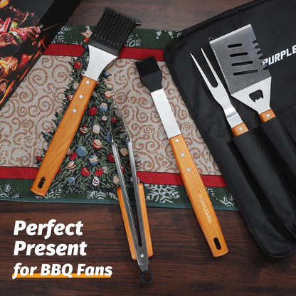 PURPLEBIRD Grill Utensils Set with Brush - 5pcs Grilling Tools Set with Bag Apron, Heavy Duty BBQ Tool Sets with Long Wood Handle, Stainless Grilling Accessories for Outdoor Grill - CookCave
