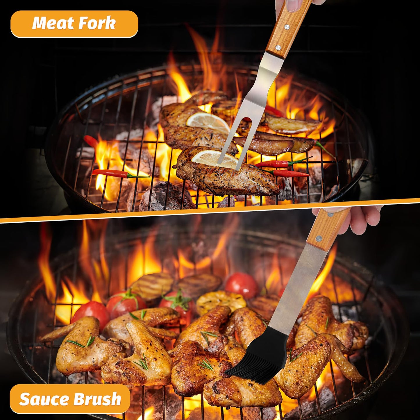 PURPLEBIRD Grill Utensils Set with Brush - 5pcs Grilling Tools Set with Bag Apron, Heavy Duty BBQ Tool Sets with Long Wood Handle, Stainless Grilling Accessories for Outdoor Grill - CookCave