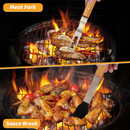 PURPLEBIRD Grill Utensils Set with Brush - 5pcs Grilling Tools Set with Bag Apron, Heavy Duty BBQ Tool Sets with Long Wood Handle, Stainless Grilling Accessories for Outdoor Grill - CookCave