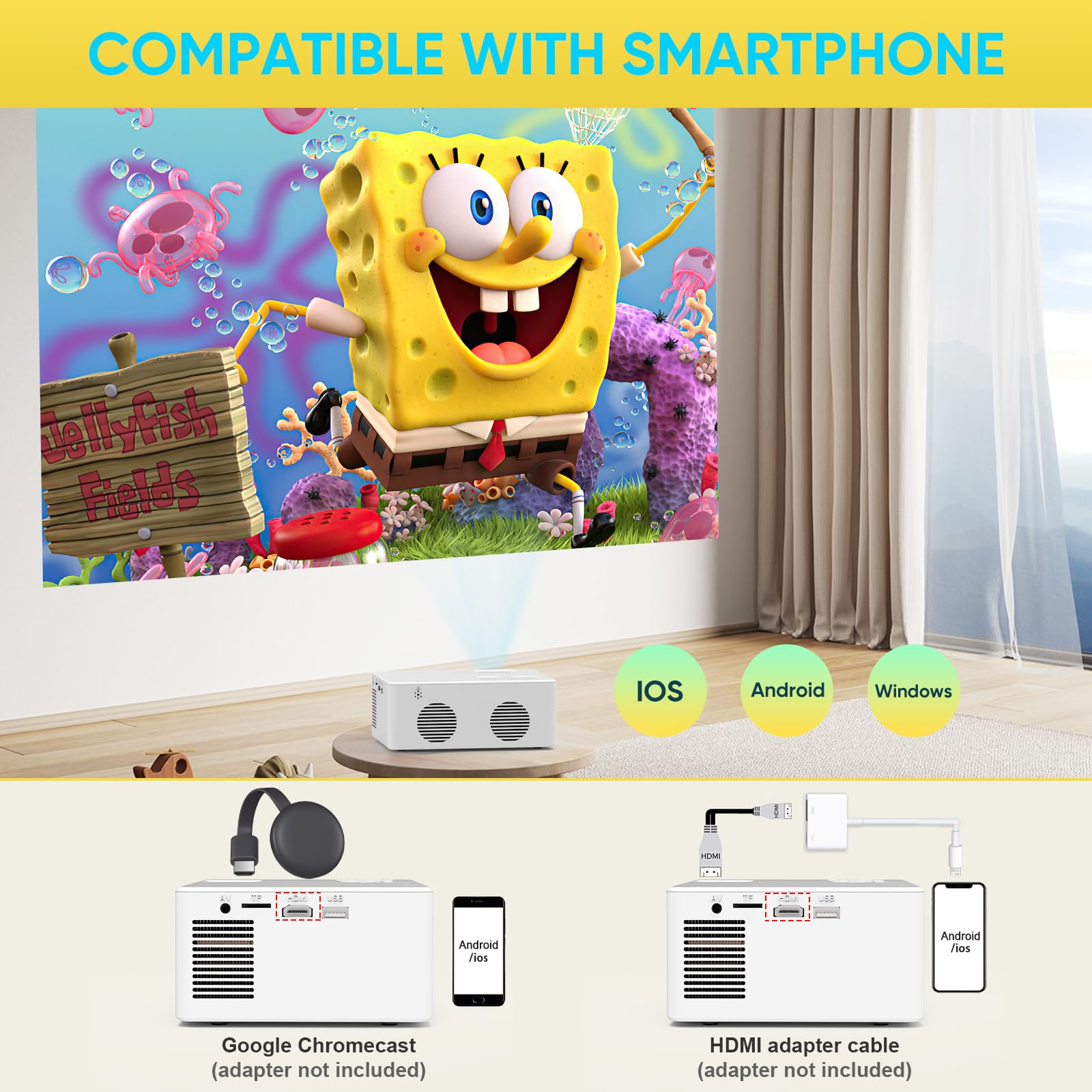 PURSHE Mini Bluetooth Projector, Full HD 1080P Supported Portable Outdoor Movie Projector for iOS, Android, Windows, Compatible with TV Stick/HDMI/Smartphone/PS4/USB [Remote Included] - CookCave