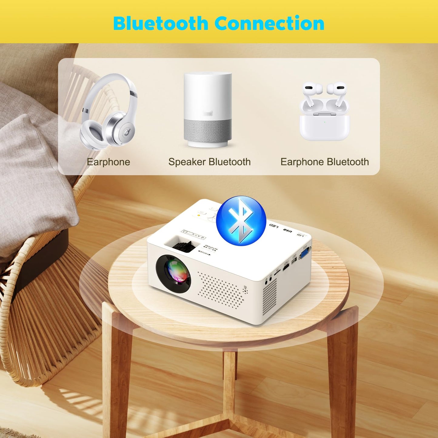 PURSHE Mini Bluetooth Projector, Full HD 1080P Supported Portable Outdoor Movie Projector for iOS, Android, Windows, Compatible with TV Stick/HDMI/Smartphone/PS4/USB [Remote Included] - CookCave