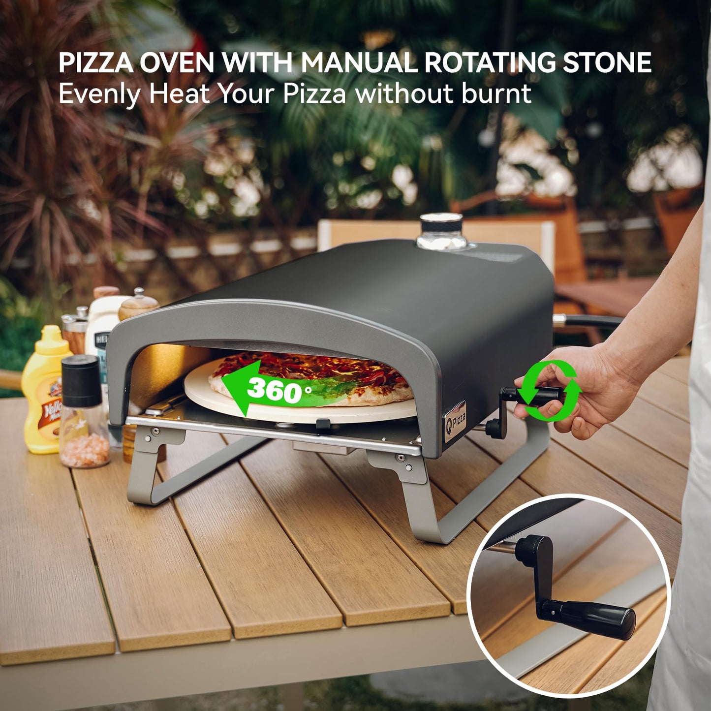 Q Pizza Portable Propane Pizza Oven with Manual Rotating Stone, Tabletop Gas Stove for Outdoor Kitchen, Gas Oven for Making Pizza, Bread, Steak, Pie, PS104 - CookCave