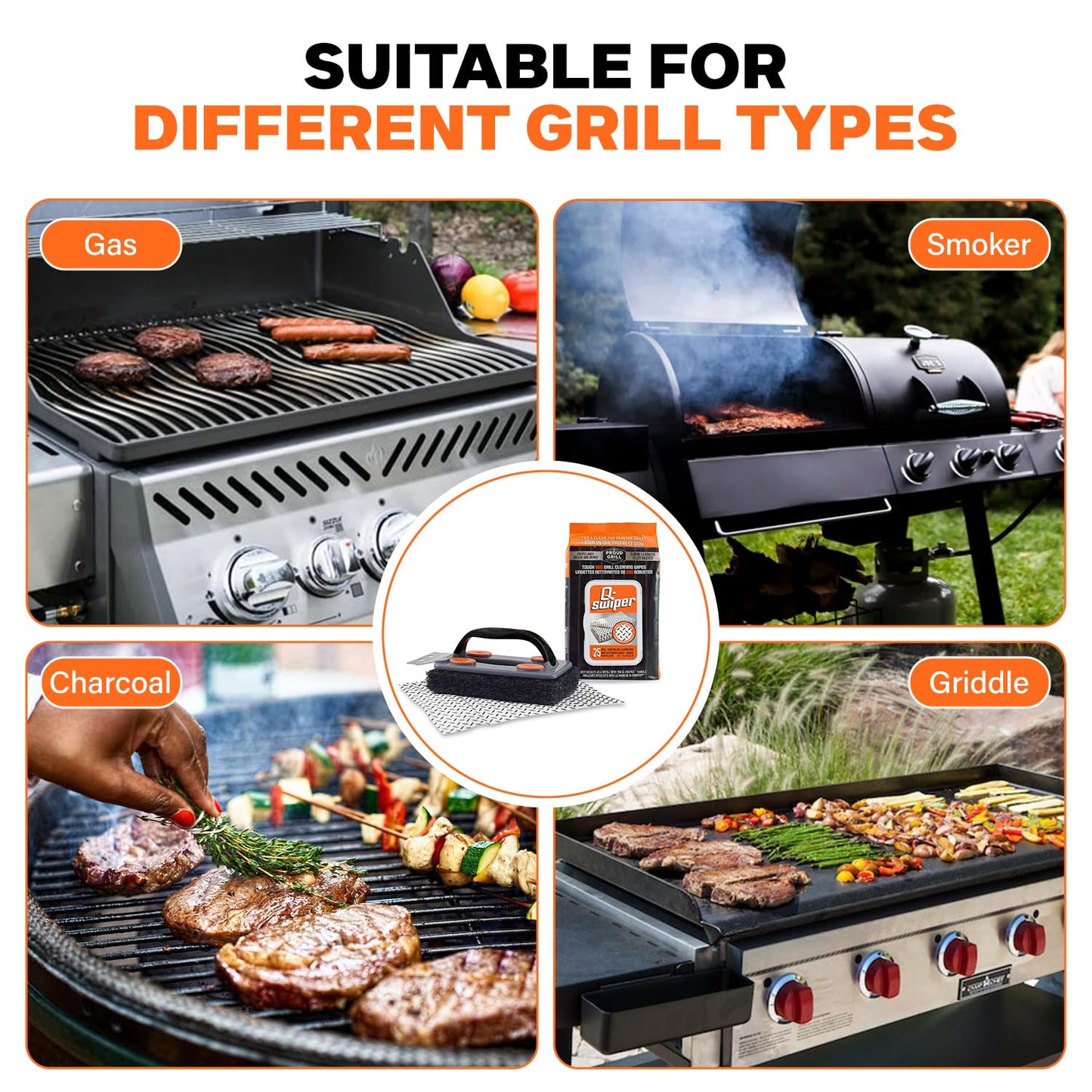 Q-Swiper BBQ Grill Cleaner Set - 1 Grill Brush with Scraper and 25 BBQ Grill Cleaning Wipes | No Bristles & Wire Free | Safe Way to Remove Grease and Grime for A Clean and Healthy Grill! - CookCave