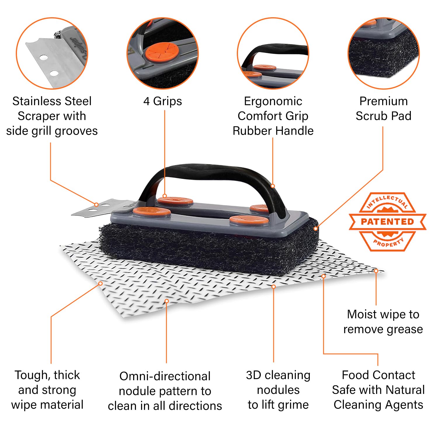 Q-Swiper BBQ Grill Cleaner Set - 1 Grill Brush with Scraper and 25 BBQ Grill Cleaning Wipes | No Bristles & Wire Free | Safe Way to Remove Grease and Grime for A Clean and Healthy Grill! - CookCave