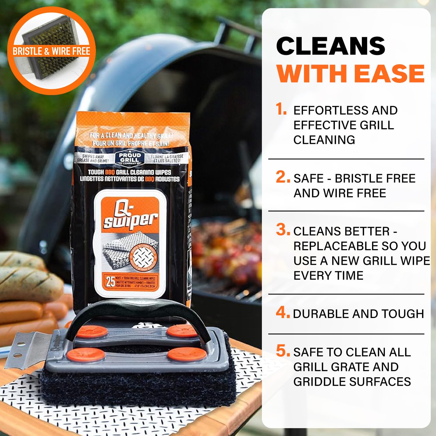 Q-Swiper BBQ Grill Cleaner Set - 1 Grill Brush with Scraper and 25 BBQ Grill Cleaning Wipes | No Bristles & Wire Free | Safe Way to Remove Grease and Grime for A Clean and Healthy Grill! - CookCave