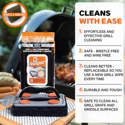 Q-Swiper BBQ Grill Cleaner Set - 1 Grill Brush with Scraper and 25 BBQ Grill Cleaning Wipes | No Bristles & Wire Free | Safe Way to Remove Grease and Grime for A Clean and Healthy Grill! - CookCave