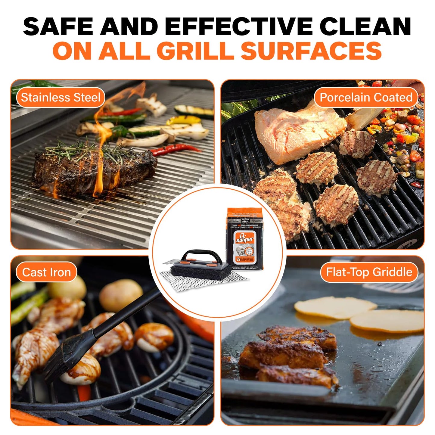 Q-Swiper BBQ Grill Cleaner Set - 1 Grill Brush with Scraper and 25 BBQ Grill Cleaning Wipes | No Bristles & Wire Free | Safe Way to Remove Grease and Grime for A Clean and Healthy Grill! - CookCave