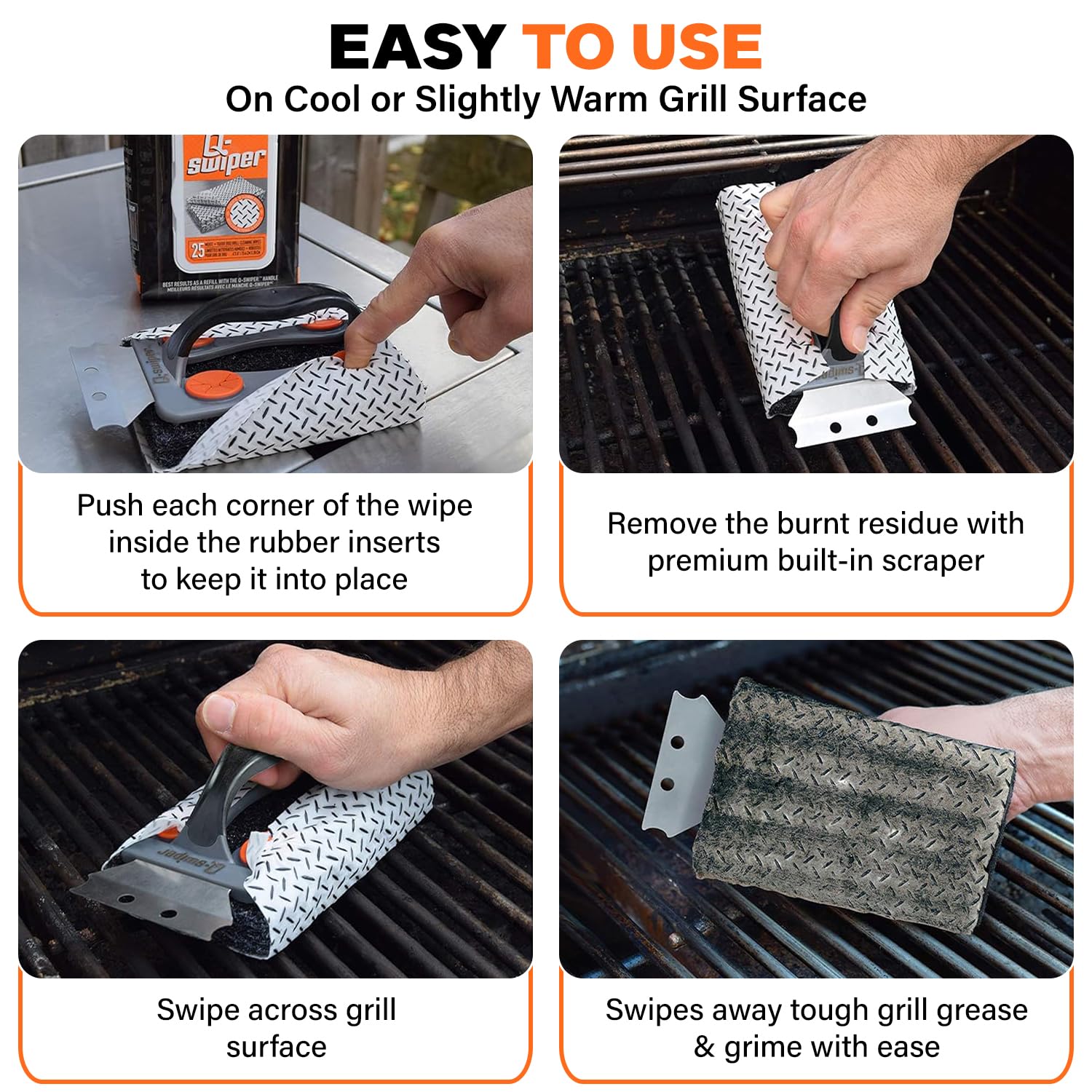 Q-Swiper BBQ Grill Cleaner Set - 1 Grill Brush with Scraper and 25 BBQ Grill Cleaning Wipes | No Bristles & Wire Free | Safe Way to Remove Grease and Grime for A Clean and Healthy Grill! - CookCave