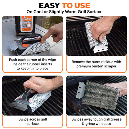 Q-Swiper BBQ Grill Cleaner Set - 1 Grill Brush with Scraper and 25 BBQ Grill Cleaning Wipes | No Bristles & Wire Free | Safe Way to Remove Grease and Grime for A Clean and Healthy Grill! - CookCave