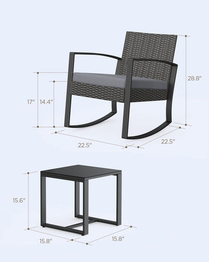 Qsun 3 Pieces Patio Furniture Set Rocking Bistro Set Outdoor Rattan Conversation with Coffee Table for Garden Balcony Backyard Poolside (Grey Cushion) - CookCave