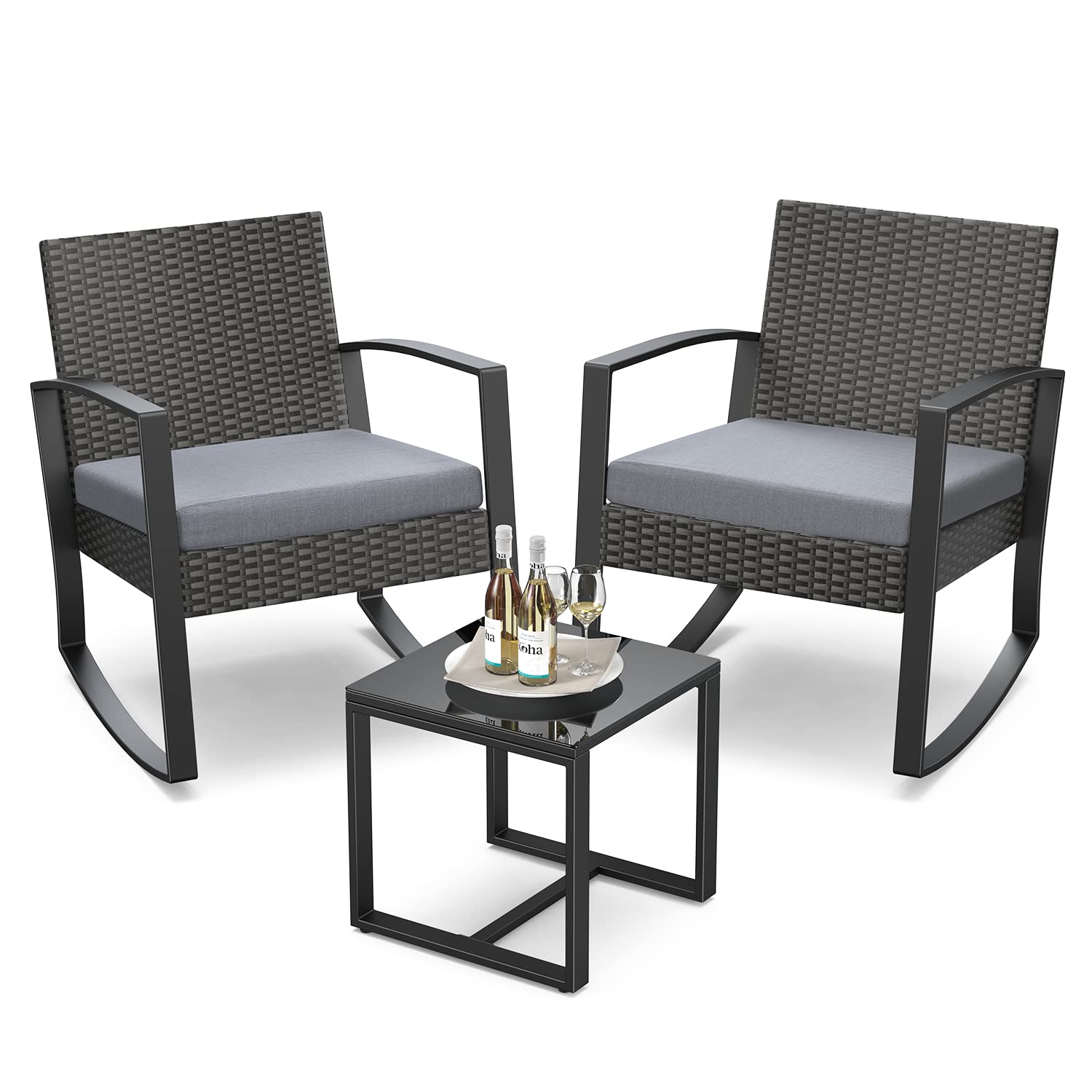 Qsun 3 Pieces Patio Furniture Set Rocking Bistro Set Outdoor Rattan Conversation with Coffee Table for Garden Balcony Backyard Poolside (Grey Cushion) - CookCave