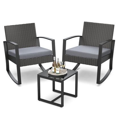 Qsun 3 Pieces Patio Furniture Set Rocking Bistro Set Outdoor Rattan Conversation with Coffee Table for Garden Balcony Backyard Poolside (Grey Cushion) - CookCave
