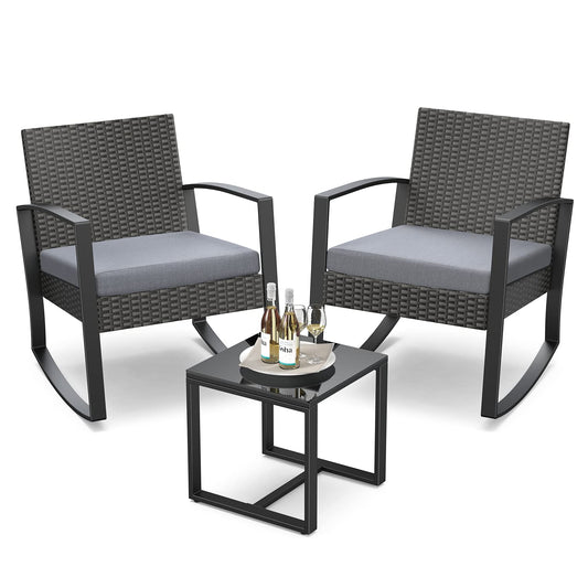 Qsun 3 Pieces Patio Furniture Set Rocking Bistro Set Outdoor Rattan Conversation with Coffee Table for Garden Balcony Backyard Poolside (Grey Cushion) - CookCave
