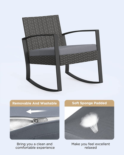 Qsun 3 Pieces Patio Furniture Set Rocking Bistro Set Outdoor Rattan Conversation with Coffee Table for Garden Balcony Backyard Poolside (Grey Cushion) - CookCave