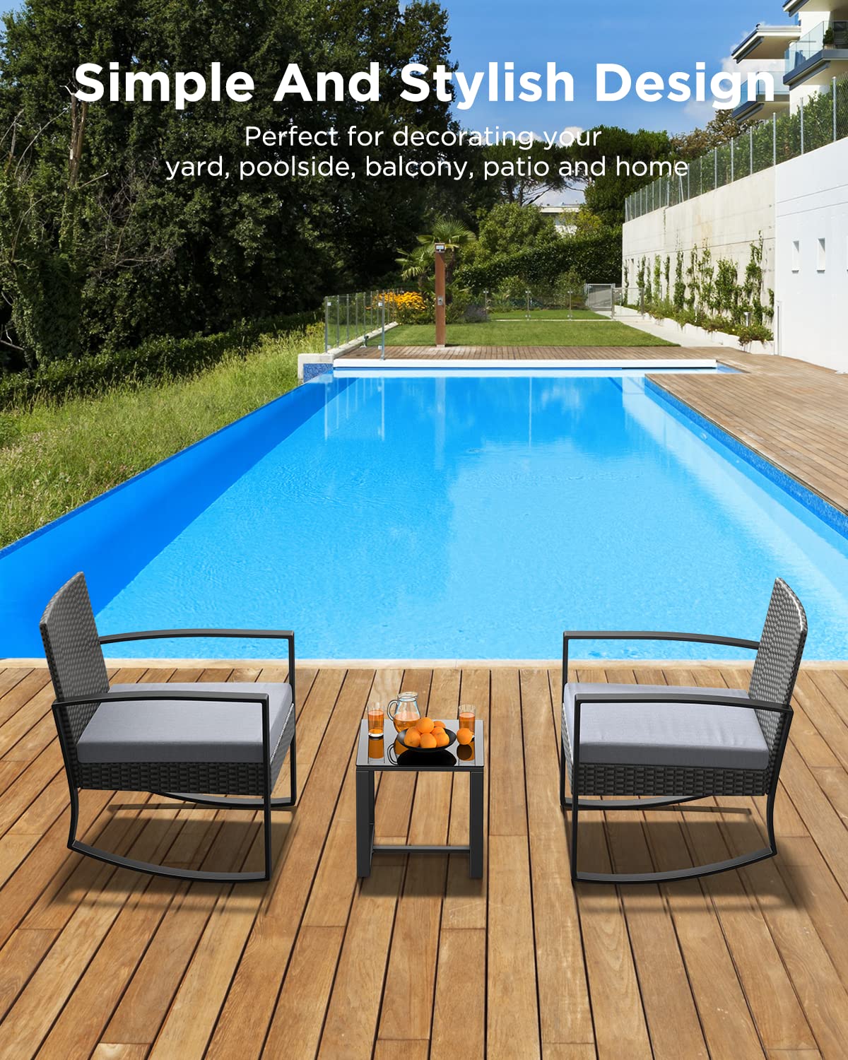 Qsun 3 Pieces Patio Furniture Set Rocking Bistro Set Outdoor Rattan Conversation with Coffee Table for Garden Balcony Backyard Poolside (Grey Cushion) - CookCave