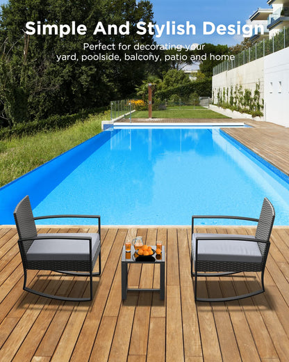 Qsun 3 Pieces Patio Furniture Set Rocking Bistro Set Outdoor Rattan Conversation with Coffee Table for Garden Balcony Backyard Poolside (Grey Cushion) - CookCave