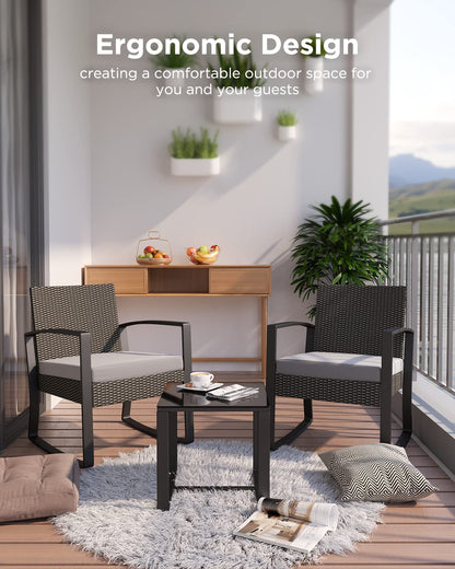Qsun 3 Pieces Patio Furniture Set Rocking Bistro Set Outdoor Rattan Conversation with Coffee Table for Garden Balcony Backyard Poolside (Grey Cushion) - CookCave