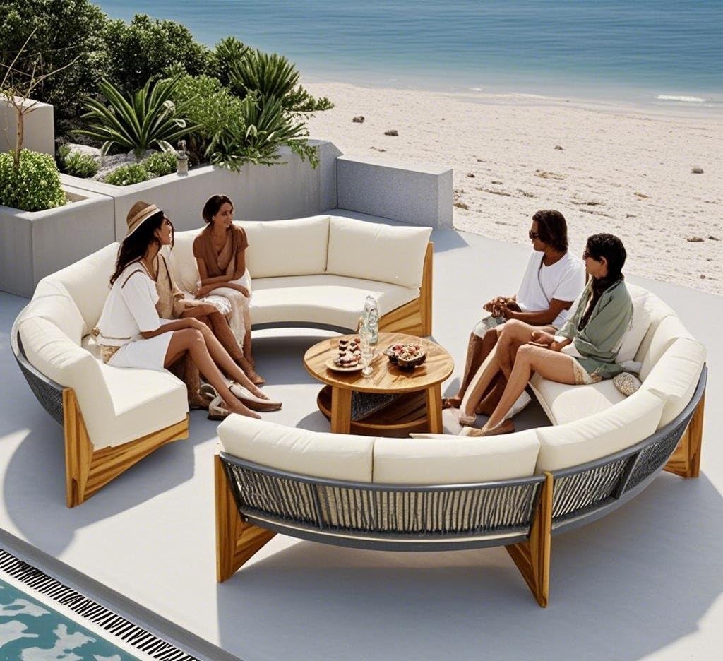 Quarte Outdoor Acacia Wood Round Sofa Set, Half-Moon Sectional Sets with Coffee Table,6-Person Seating Group for Garden, Deck (Beige/Half-Moon*A) - CookCave