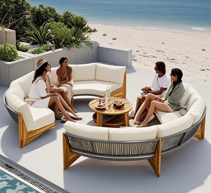 Quarte Outdoor Acacia Wood Round Sofa Set, Half-Moon Sectional Sets with Coffee Table,6-Person Seating Group for Garden, Deck (Beige/Half-Moon*A) - CookCave