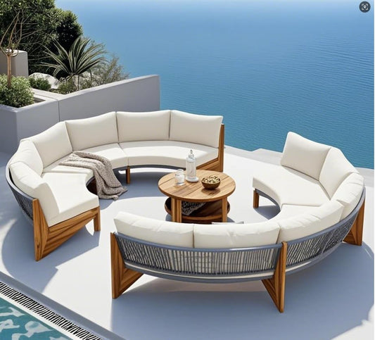 Quarte Outdoor Acacia Wood Round Sofa Set, Half-Moon Sectional Sets with Coffee Table,6-Person Seating Group for Garden, Deck (Beige/Half-Moon*A) - CookCave