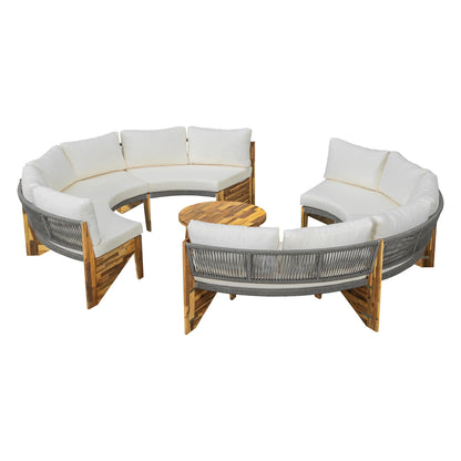 Quarte Outdoor Acacia Wood Round Sofa Set, Half-Moon Sectional Sets with Coffee Table,6-Person Seating Group for Garden, Deck (Beige/Half-Moon*A) - CookCave