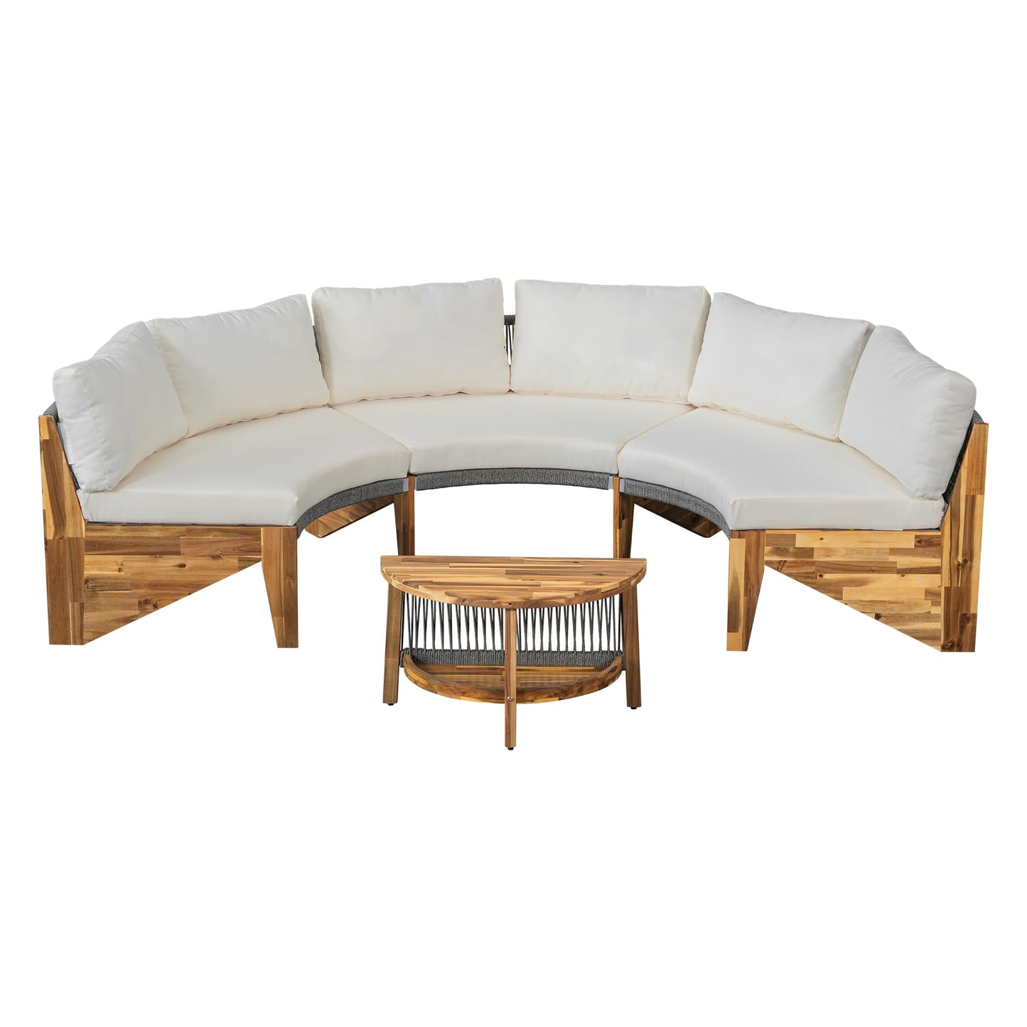 Quarte Outdoor Acacia Wood Round Sofa Set, Half-Moon Sectional Sets with Coffee Table,6-Person Seating Group for Garden, Deck (Beige/Half-Moon*A) - CookCave