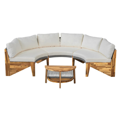 Quarte Outdoor Acacia Wood Round Sofa Set, Half-Moon Sectional Sets with Coffee Table,6-Person Seating Group for Garden, Deck (Beige/Half-Moon*A) - CookCave