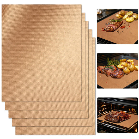 RAINFLOW Copper Grill Mats for Outdoor Grill - Set of 5 Teflon Non-Stick BBQ Accessories Reusable and Easy to Clean Grilling Mats for Gas Charcoal Electric 15.75 x 13 Inch - CookCave