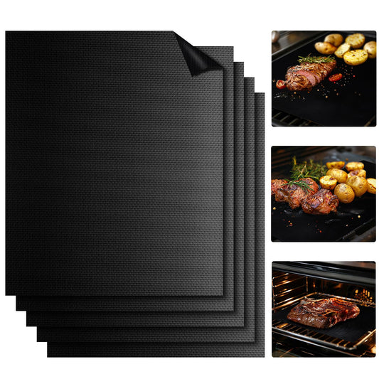 RAINFLOW Grill Mats for Outdoor Grill - Set of 5 Grilling Mats for Gas Teflon Non-Stick BBQ Accessories on Gas Charcoal and Electric 15.75 x 13 Inch, Black - CookCave