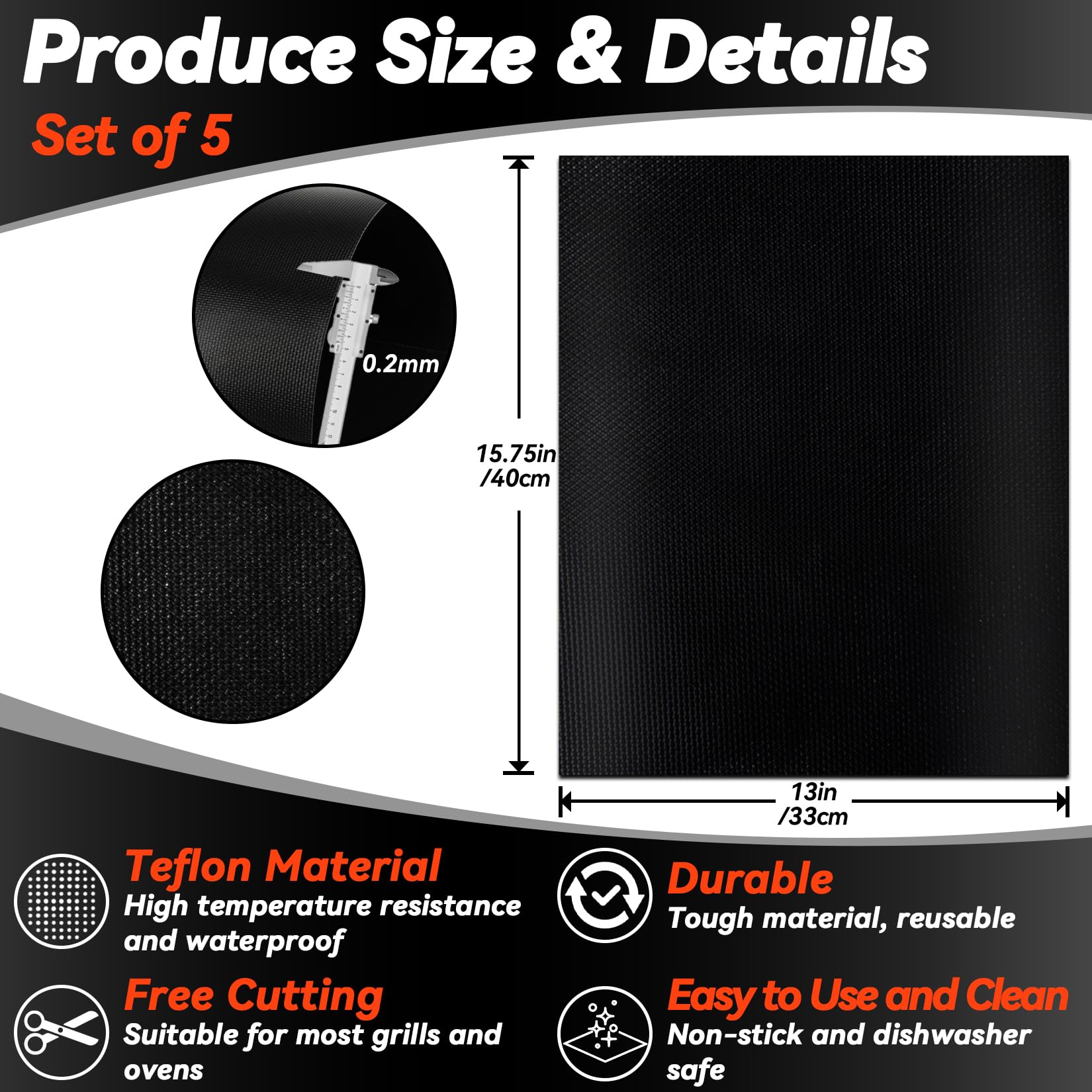 RAINFLOW Grill Mats for Outdoor Grill - Set of 5 Grilling Mats for Gas Teflon Non-Stick BBQ Accessories on Gas Charcoal and Electric 15.75 x 13 Inch, Black - CookCave
